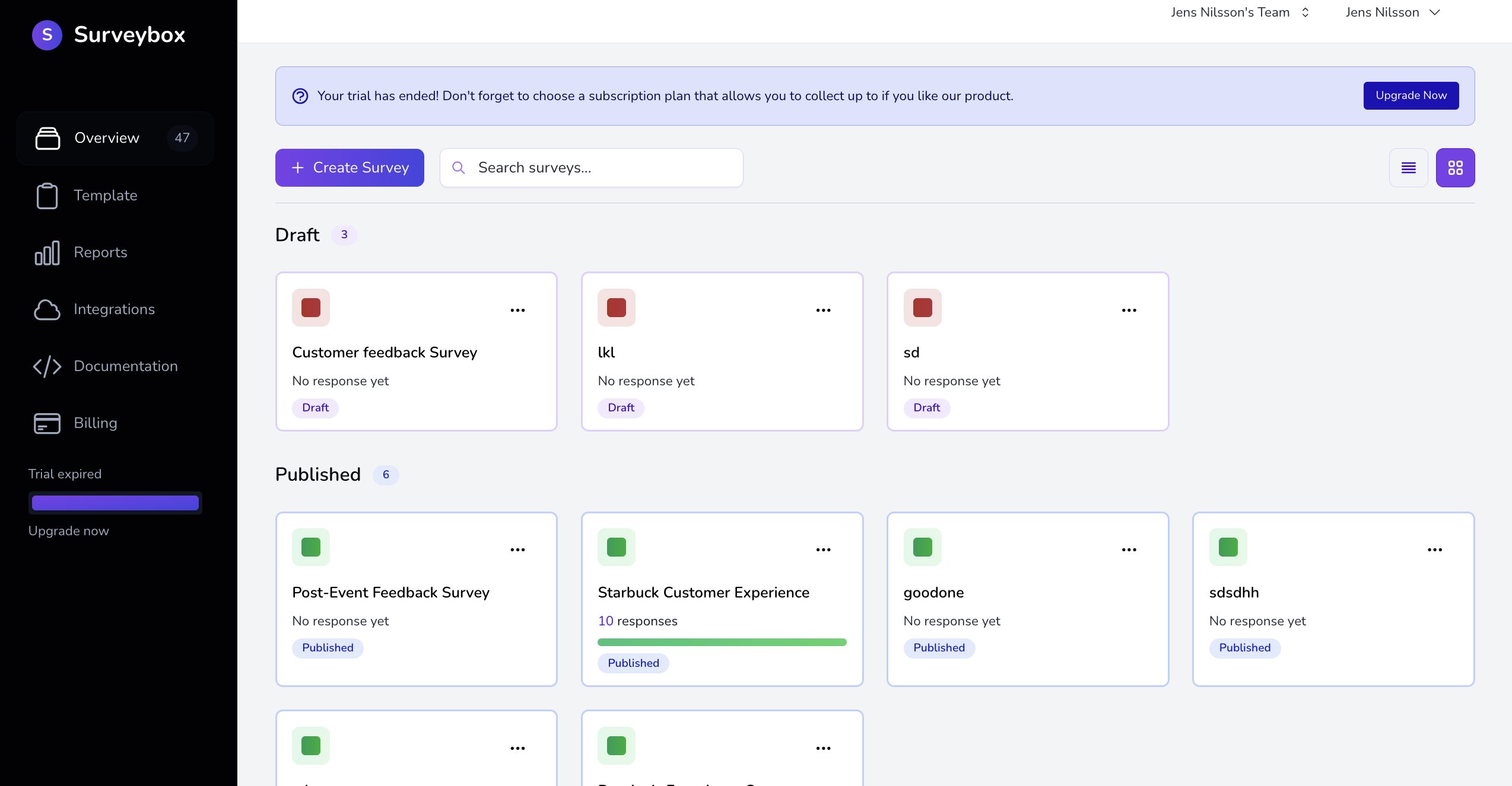 Surveybox Dashboard showing survey management interface with multiple survey cards
